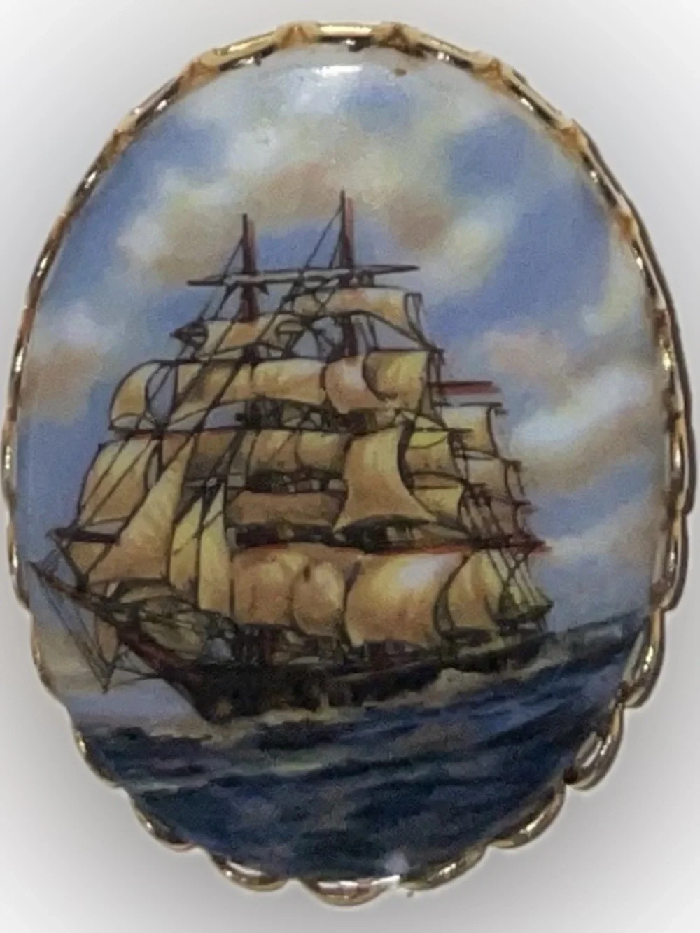 Vintage Hand-Painted Nautical Sailing boat Ship Oval Enamel Cabochon Brooch Pin